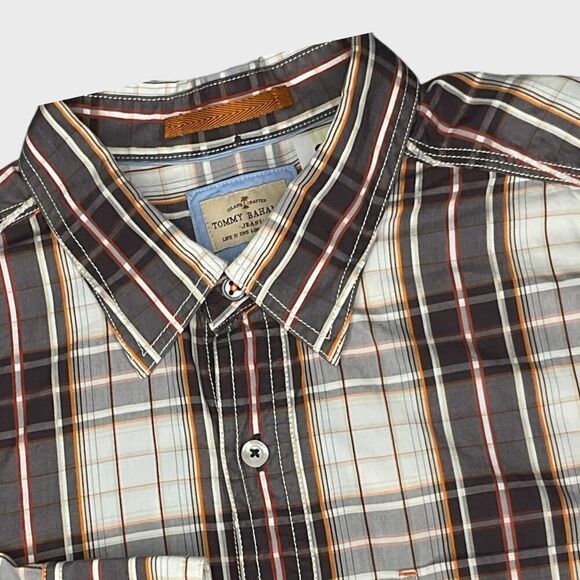 Tommy Bahama Jeans Men’s Large Button Up Long Sleeve Shirt Brown Plaid Cotton - Picture 1 of 12